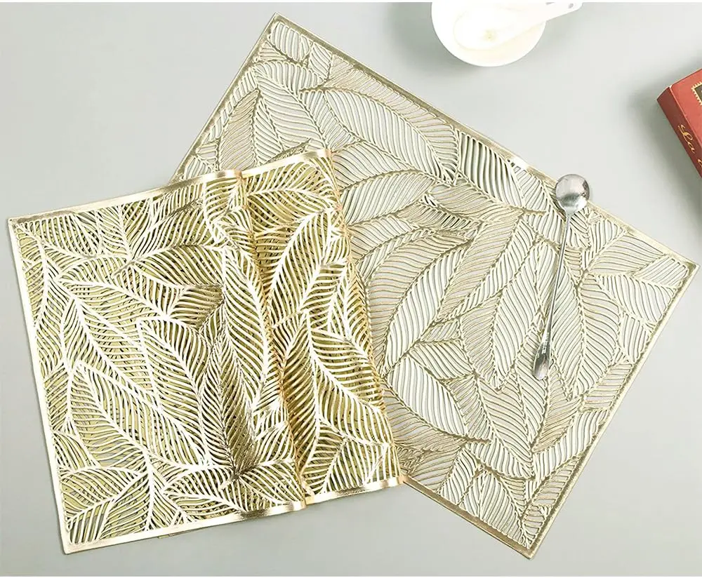 Set of 2/4 Placemat Golden Rectangle Table Mat for Dining Tables Wipeable Leaf Hollow Insulation PVC placemats Home Modern
