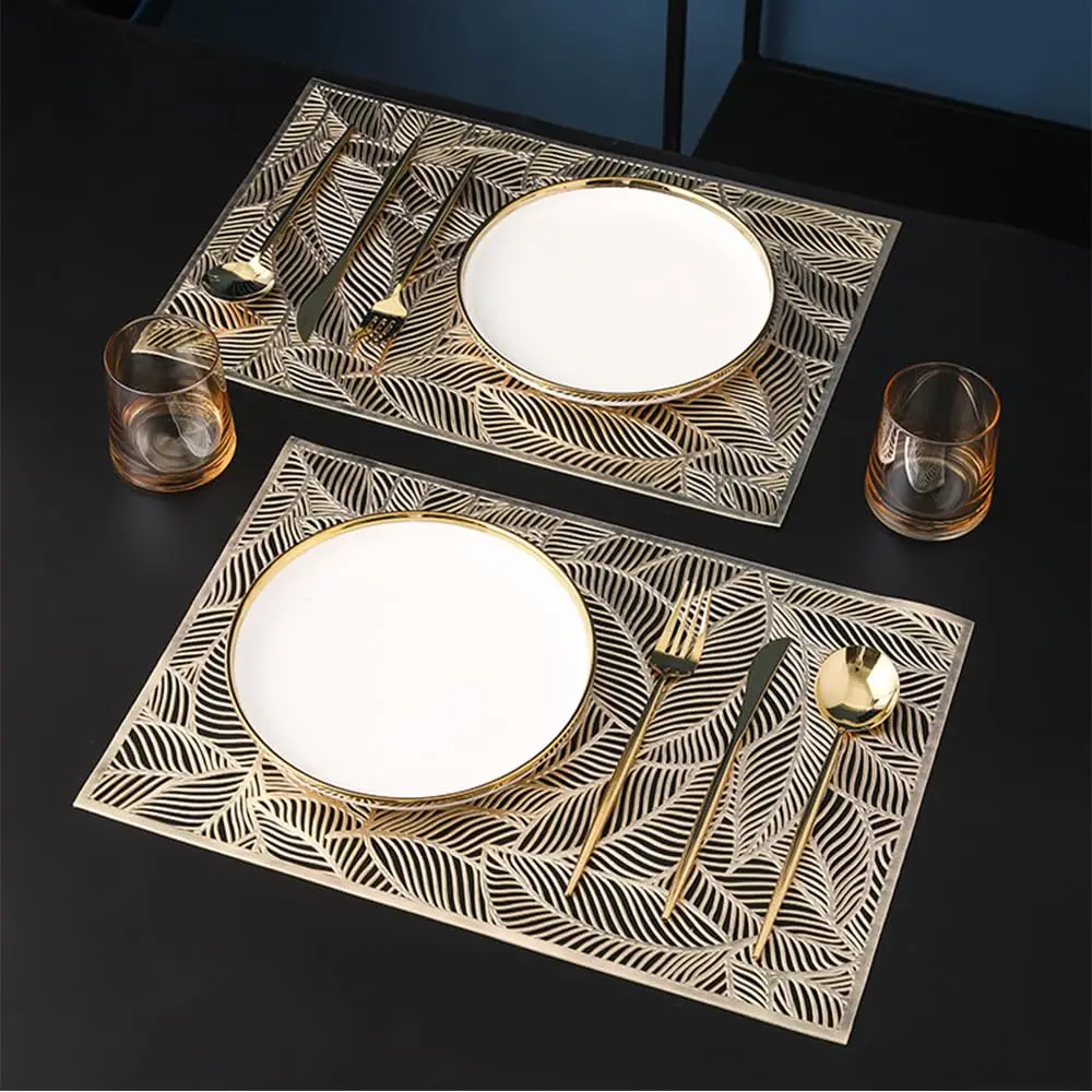 Set of 2/4 Placemat Golden Rectangle Table Mat for Dining Tables Wipeable Leaf Hollow Insulation PVC placemats Home Modern