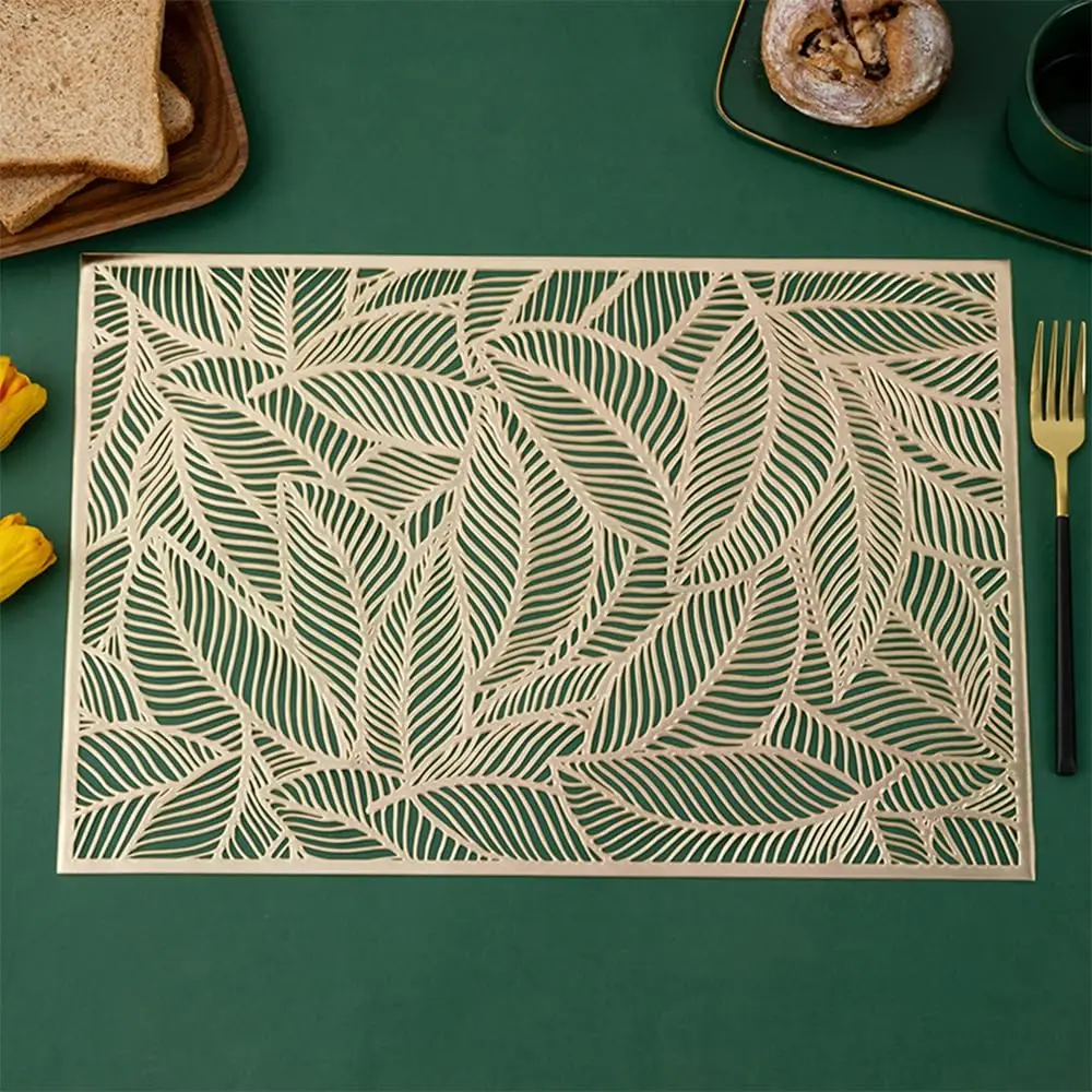 Set of 2/4 Placemat Golden Rectangle Table Mat for Dining Tables Wipeable Leaf Hollow Insulation PVC placemats Home Modern