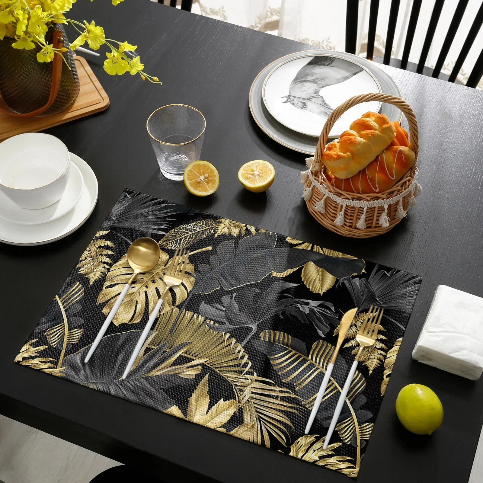 Golden Leaves Black Background Placemat Wedding Party Dining Decor Linen Table Mat Kitchen Accessories Table Napkin
