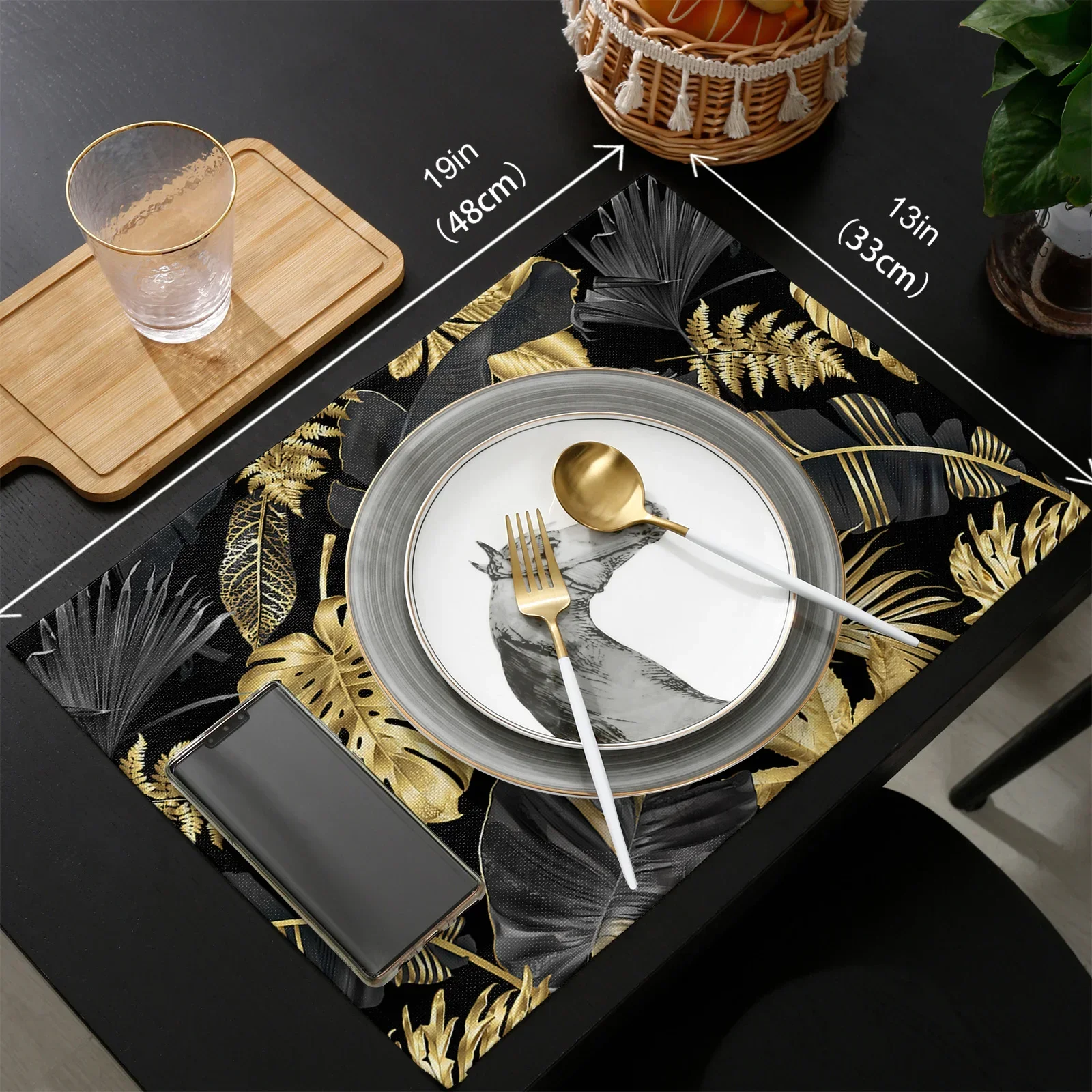 Golden Leaves Black Background Placemat Wedding Party Dining Decor Linen Table Mat Kitchen Accessories Table Napkin