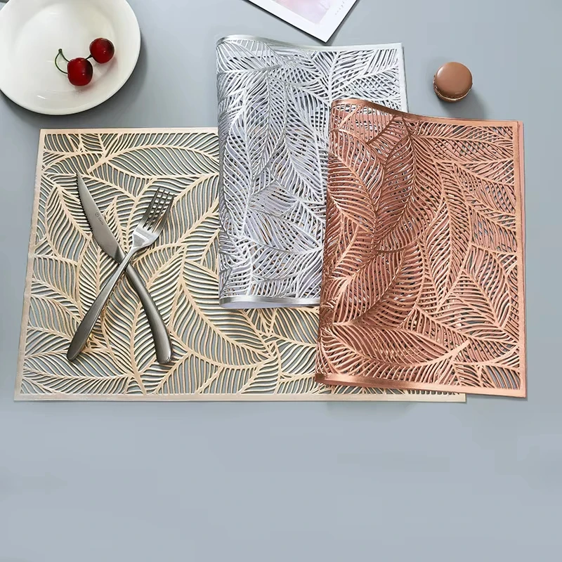 Set of 2/4 Placemat Golden Rectangle Table Mat for Dining Tables Wipeable Leaf Hollow Insulation PVC placemats Home Modern