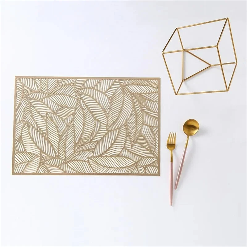 Set of 2/4 Placemat Golden Rectangle Table Mat for Dining Tables Wipeable Leaf Hollow Insulation PVC placemats Home Modern
