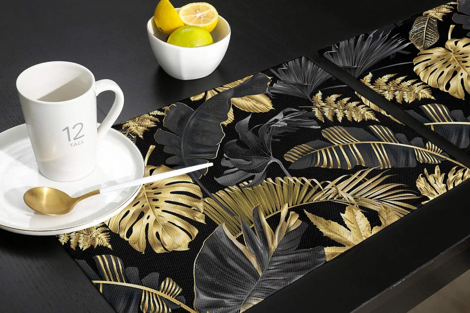 Golden Leaves Black Background Placemat Wedding Party Dining Decor Linen Table Mat Kitchen Accessories Table Napkin