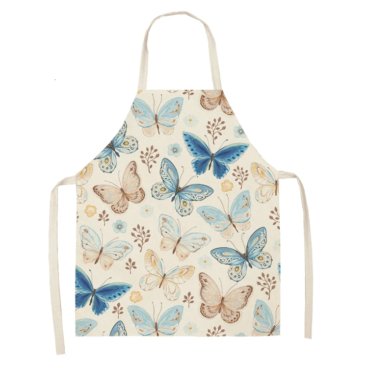 1PC Cotton Baking Waist Bib Linen Flower Butterfly Printed Kitchen Sleeveless Chef Apron Women Home Cooking Pinafore