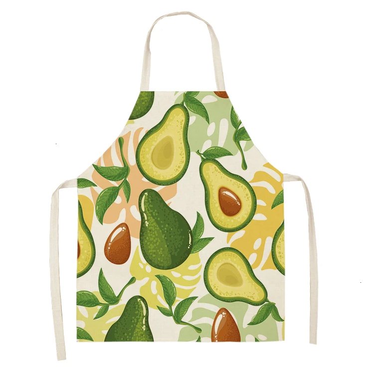 1PC Cotton Linen Apron Avocado Printed Kitchen Women Baking Waist Bib Home Cooking Brief Sleeveless Pinafore