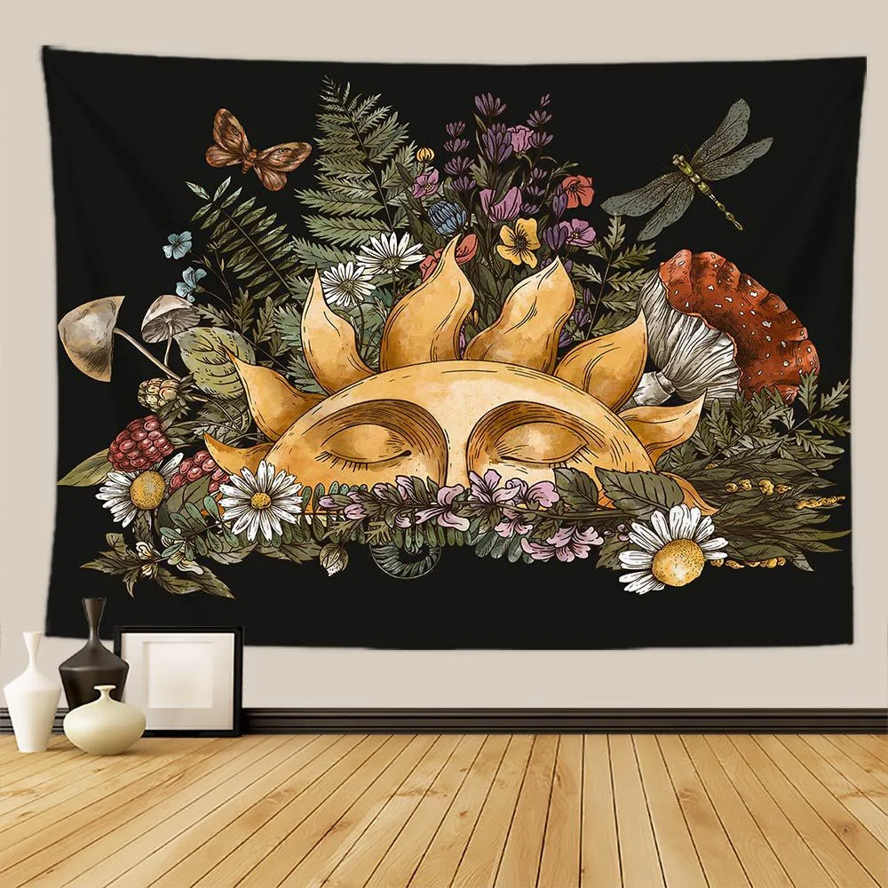 Botanical Print Floral Tapestry Wall Hanging Mushroom Tapestry Vintage Boho Wildflower Vegetable Tapestry Colorful Home Decor