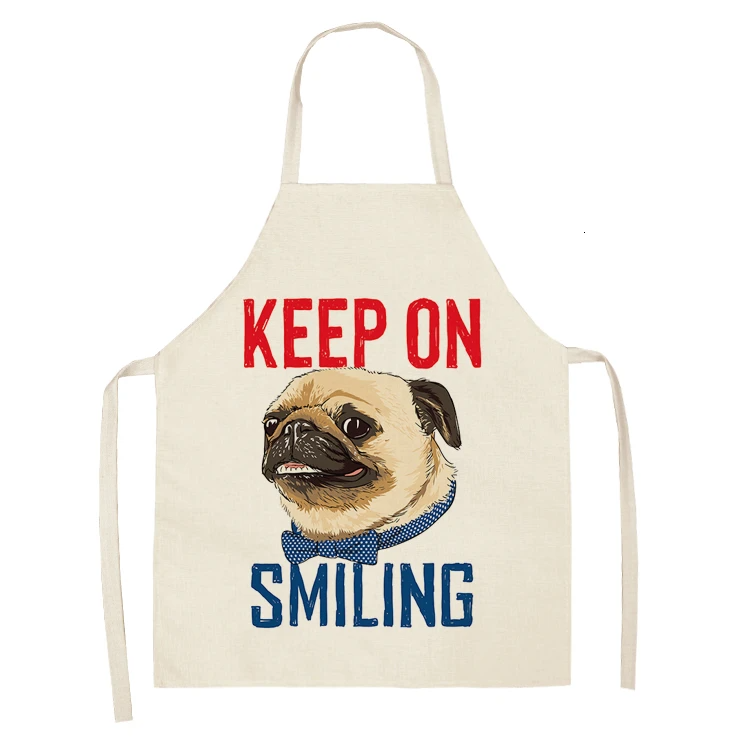 Cute Dog Pug Pattern Cotton Linen Sleeveless Chef Apron Kitchen Aprons Women Home Cooking Baking Waist Bib Pinafore