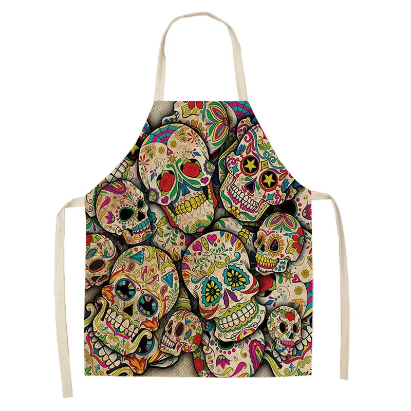 Skull Pattern Kitchen Apron for Cooking Sleeveless Cotton Linen Aprons Adult Bibs Home Cleaning Accessories