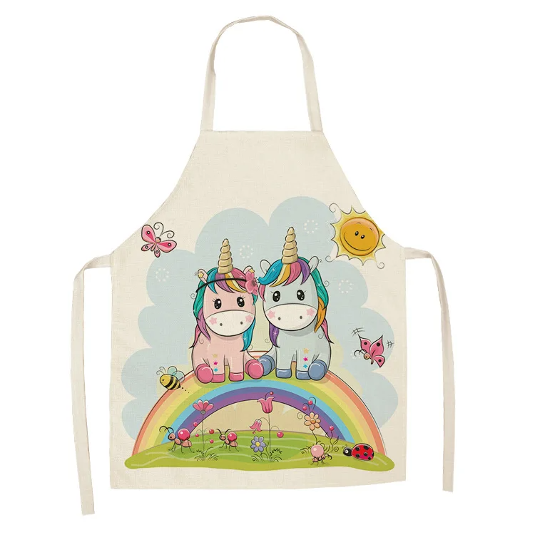 Parent-child Kitchen Apron Cartoon Rainbow Unicorn Printed Sleeveless Cotton Linen Aprons for Men Women Home Cleaning Tools