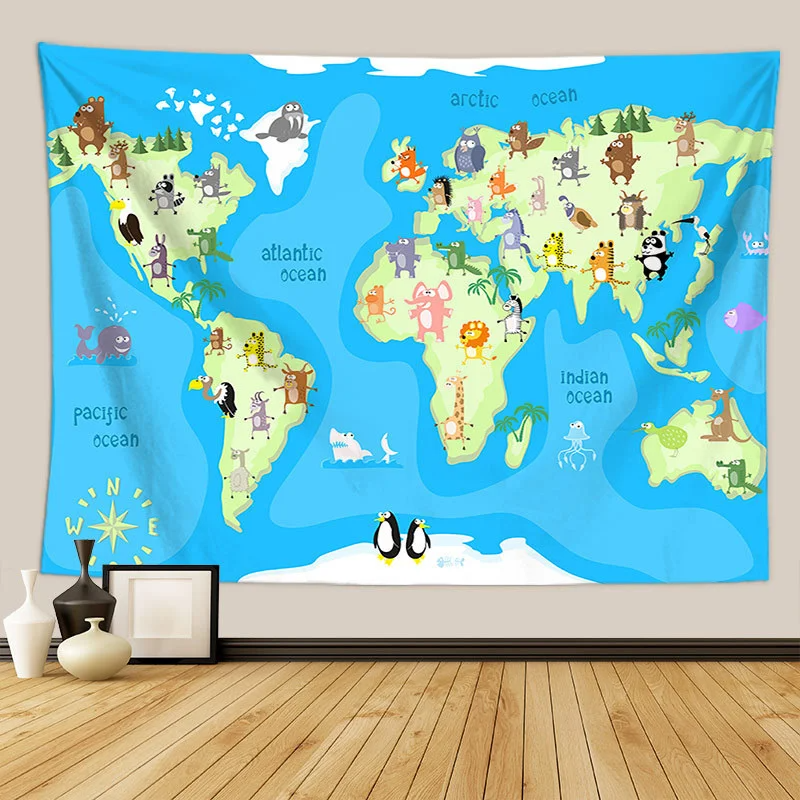 Animals World Map Tapestry Wall Hanging Large Kids Educational Landmarks World Map Tapestry Kindergarten Children's Room Decor