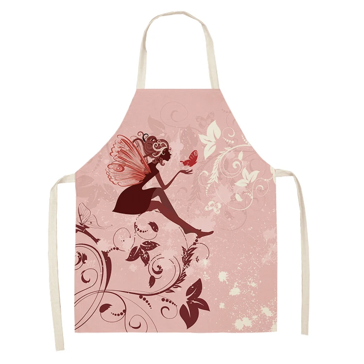 1Pc Cotton Linen Flower Butterfly Girl Printed Kitchen Aprons for Women Home Cooking Baking Waist Bib Pinafore