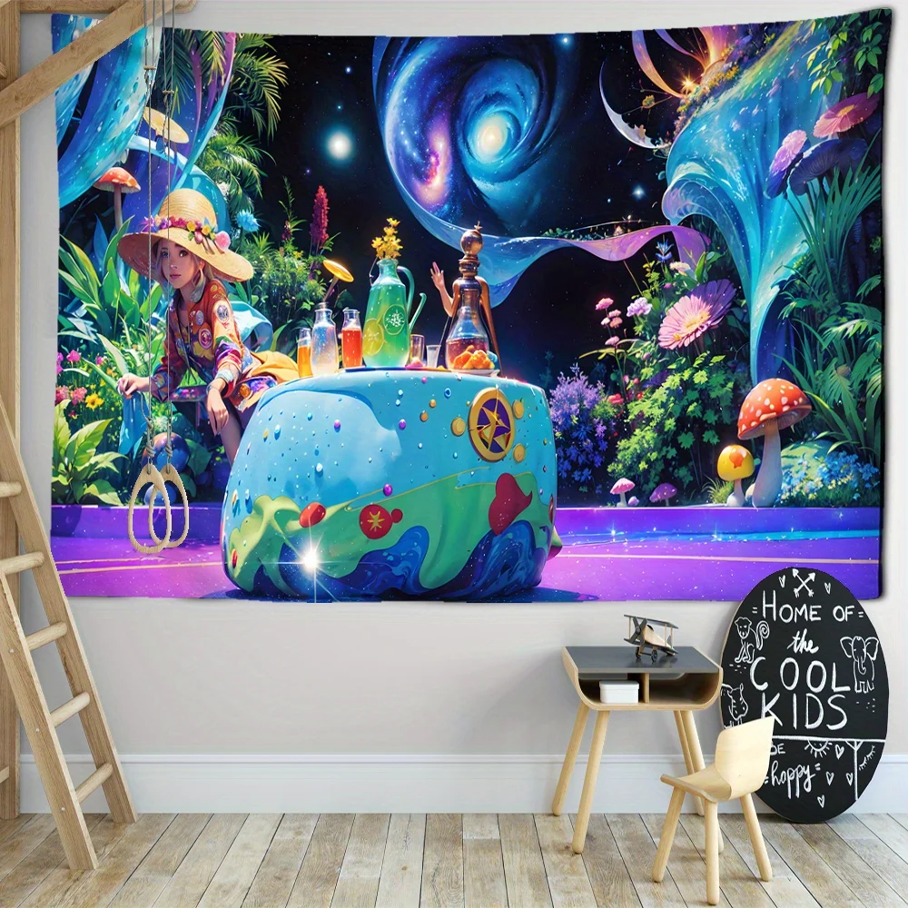 1pc Mystical Mushroom Forest Tapestry for Bedroom and Living Room Decor - Bohemian Cartoon Wall Hanging with Wizardry Design