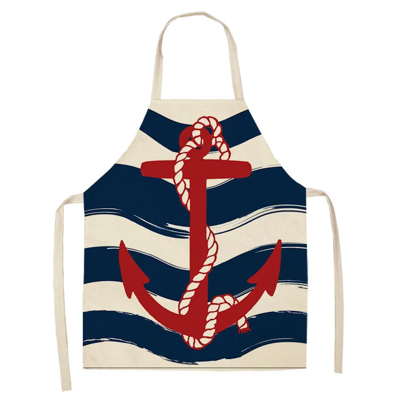 1Pc Marine Anchor Nautical Ocean Pattern Kitchen Apron for Woman Cotton Linen Aprons Home Cooking Baking Bibs