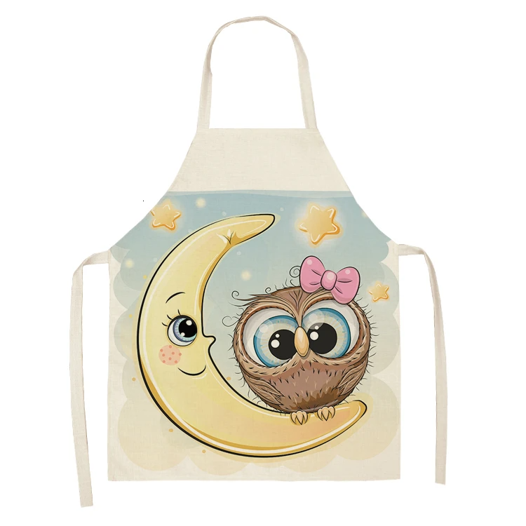 1Pcs Owl Sleeveless Chef Apron Cotton Linen Flower Printed Kitchen Brief Pinafore Women Home Cooking Baking Waist Bib