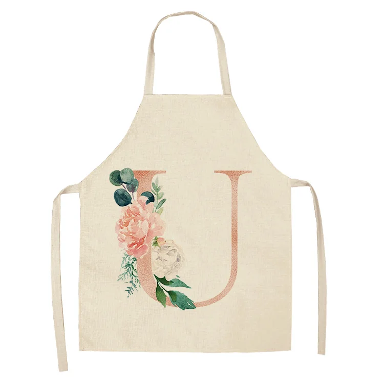 1Pcs Pink Letter Flower Kitchen Aprons for Women Cotton Linen Bibs Household Cleaning Pinafore Home Cooking Apron