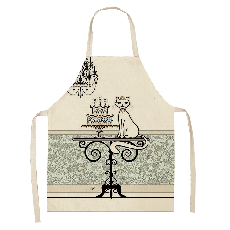 Black White Cat Letter Kitchen Aprons For Women Cotton Linen Bibs Household Cleaning Pinafore Home Cooking Apron 55x68cm