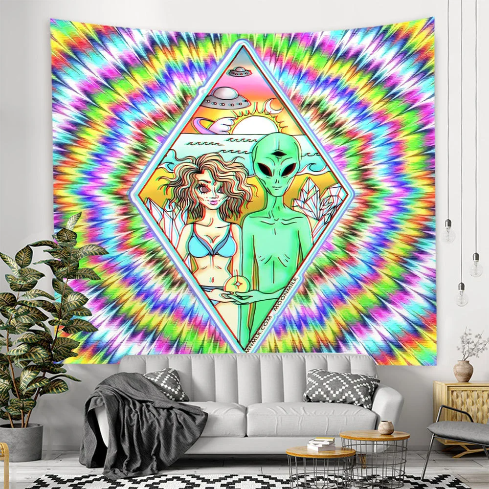 Alien Black Tapestry Cartoon Illustration Hippie Art Mushroom Eye Wall Hanging Tapestries for Living Room Home Dorm Decor Cloth