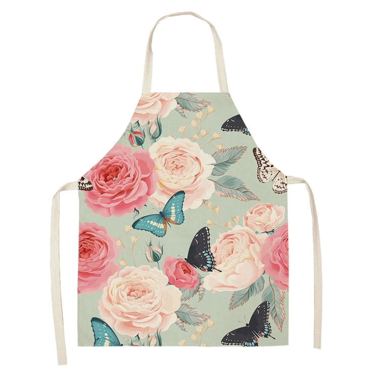 1PC Cotton Baking Waist Bib Linen Flower Butterfly Printed Kitchen Sleeveless Chef Apron Women Home Cooking Pinafore