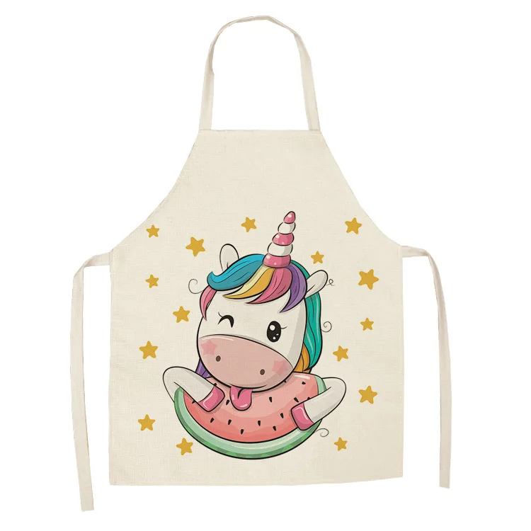 Parent-child Kitchen Apron Cartoon Rainbow Unicorn Printed Sleeveless Cotton Linen Aprons for Men Women Home Cleaning Tools