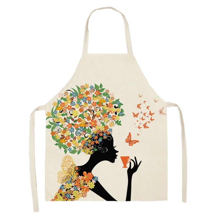 1Pc Cotton Linen Flower Butterfly Girl Printed Kitchen Aprons for Women Home Cooking Baking Waist Bib Pinafore