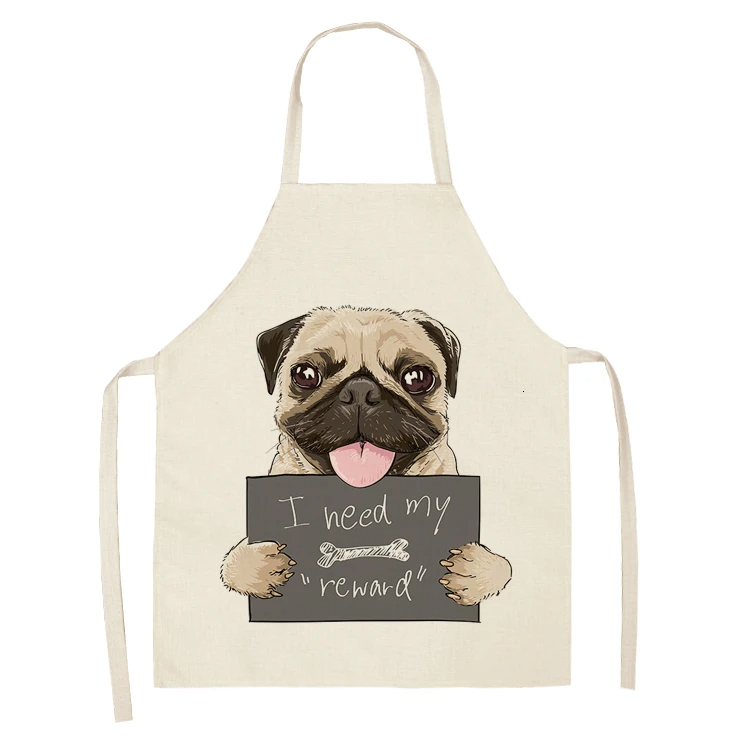 Cute Dog Pug Pattern Cotton Linen Sleeveless Chef Apron Kitchen Aprons Women Home Cooking Baking Waist Bib Pinafore