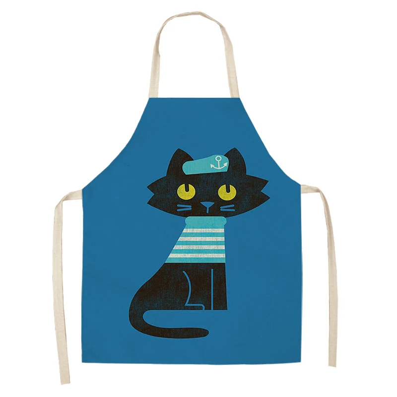 Chef Kitchen Apron for Woman Cute Cartoon Cat Printed Sleeveless Cotton Linen Aprons For Cooking Home Cleaning Tools