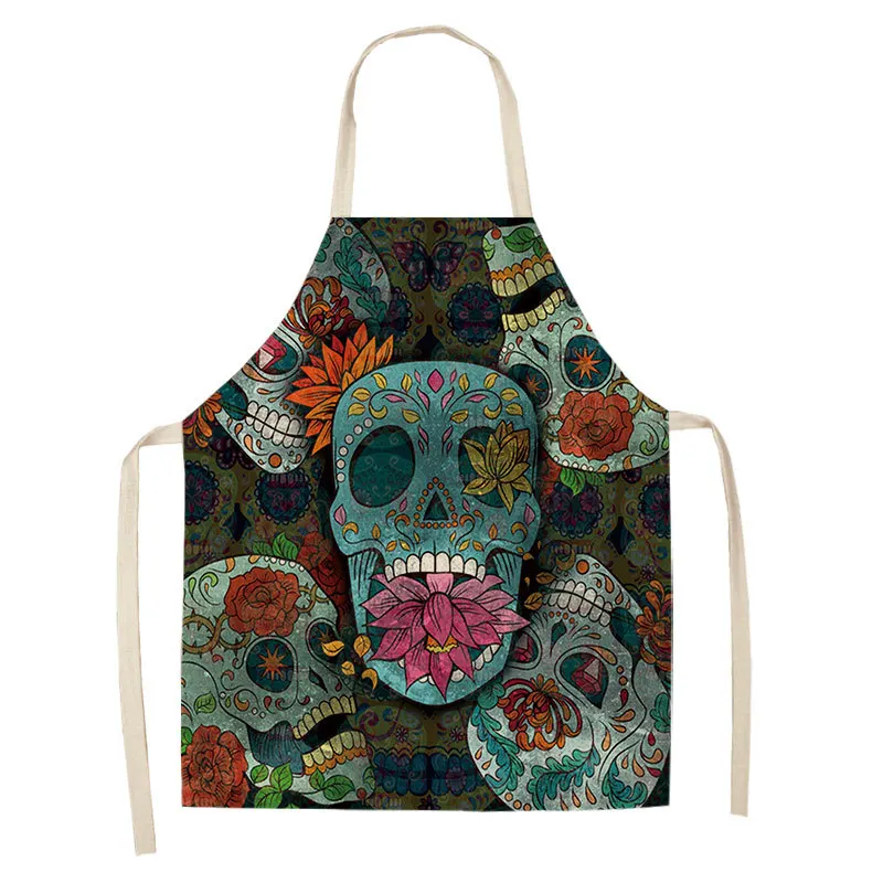 Skull Pattern Kitchen Apron for Cooking Sleeveless Cotton Linen Aprons Adult Bibs Home Cleaning Accessories