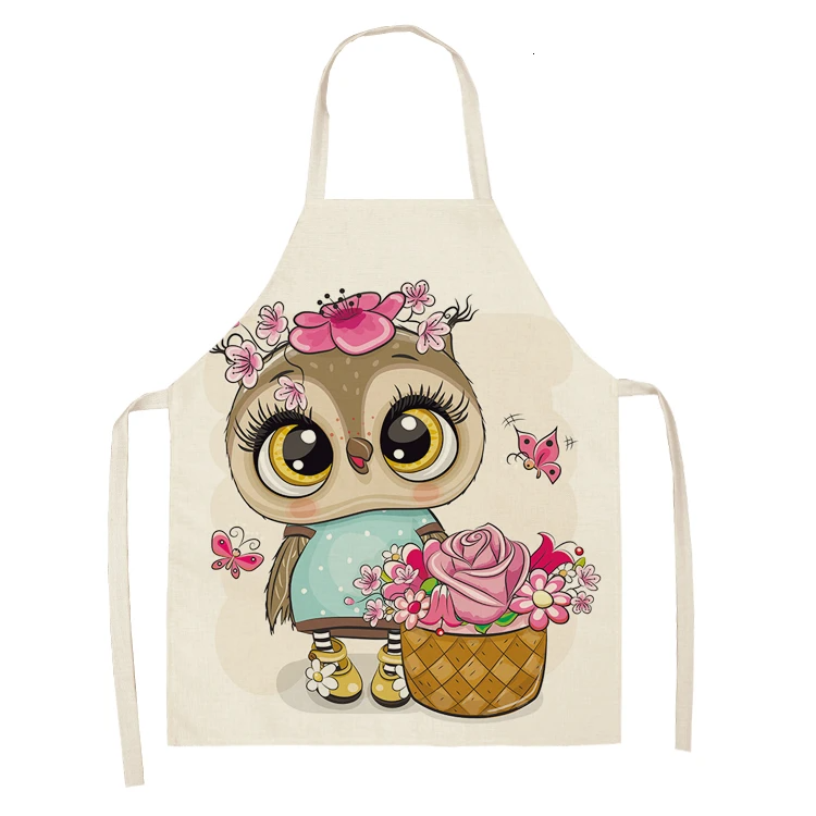 1Pcs Owl Sleeveless Chef Apron Cotton Linen Flower Printed Kitchen Brief Pinafore Women Home Cooking Baking Waist Bib