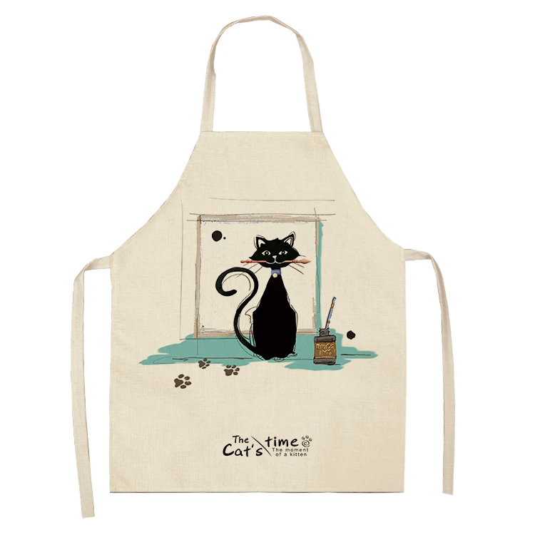Black White Cat Letter Kitchen Aprons For Women Cotton Linen Bibs Household Cleaning Pinafore Home Cooking Apron 55x68cm