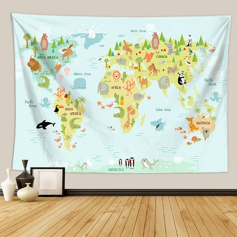 Animals World Map Tapestry Wall Hanging Large Kids Educational Landmarks World Map Tapestry Kindergarten Children's Room Decor