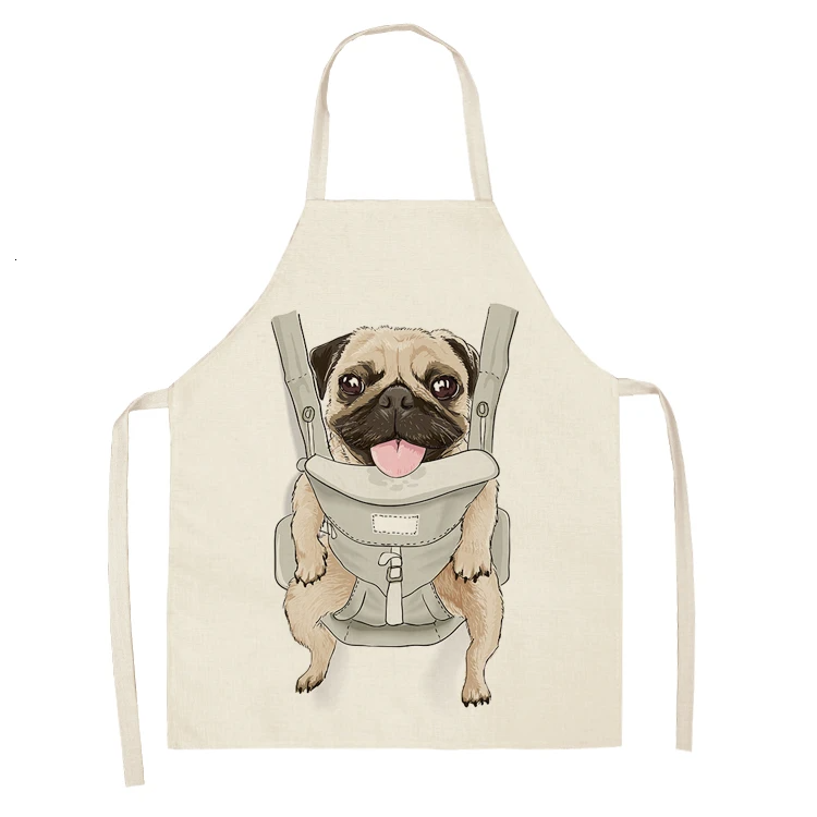 Cute Dog Pug Pattern Cotton Linen Sleeveless Chef Apron Kitchen Aprons Women Home Cooking Baking Waist Bib Pinafore