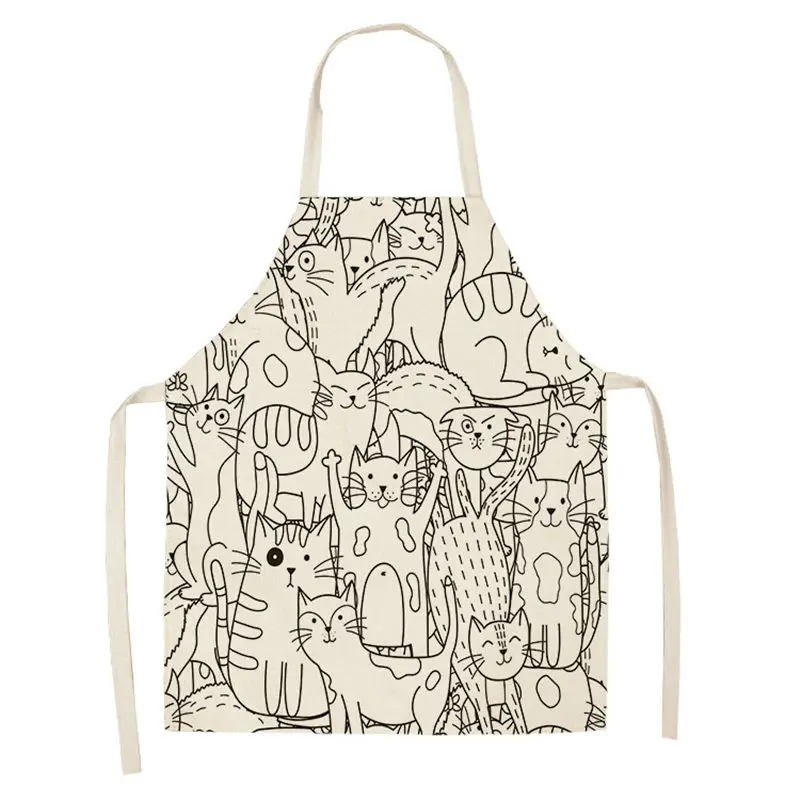 1Pc Kitchen Apron Cute Cartoon Cat Printed Sleeveless Cotton Linen Chef Aprons for Men Women Home Cleaning Tools