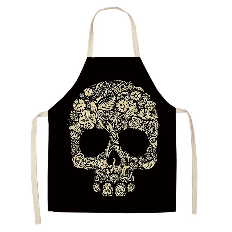 Skull Pattern Kitchen Apron for Cooking Sleeveless Cotton Linen Aprons Adult Bibs Home Cleaning Accessories