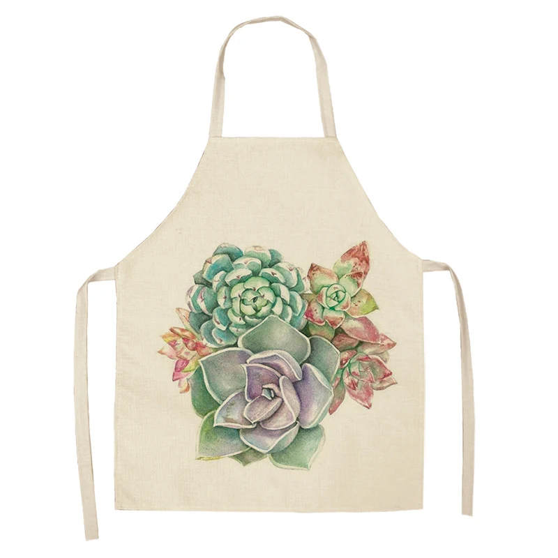 1Pc Succulent Plants Green Leaves Pattern Kitchen Chef Aprons Home Cooking Baking Shop Cotton Linen Cleaning Apron