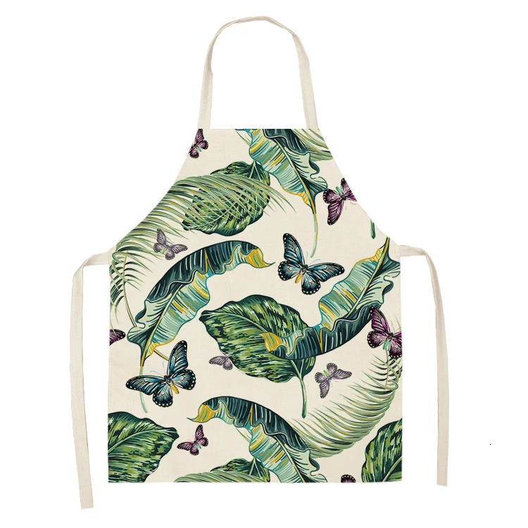 1PC Cotton Baking Waist Bib Linen Flower Butterfly Printed Kitchen Sleeveless Chef Apron Women Home Cooking Pinafore