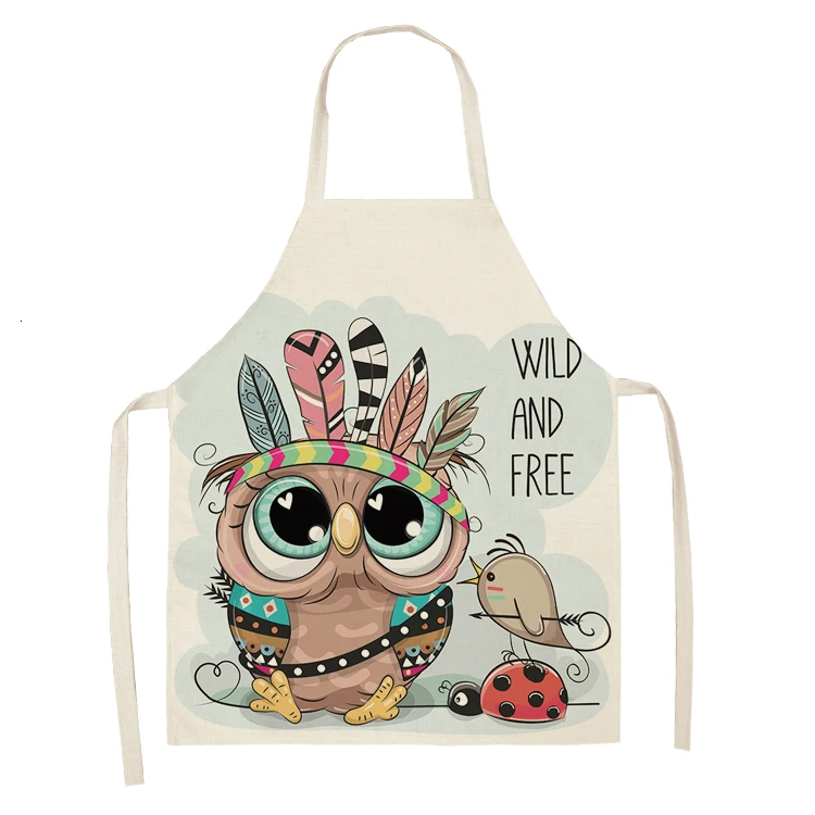 1Pcs Owl Sleeveless Chef Apron Cotton Linen Flower Printed Kitchen Brief Pinafore Women Home Cooking Baking Waist Bib