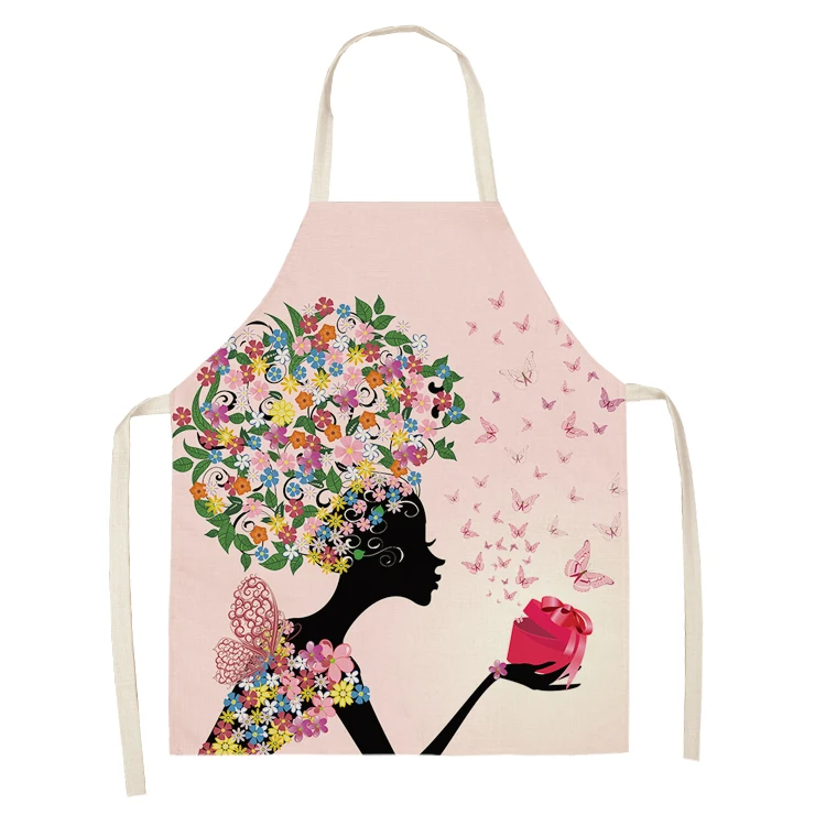 1Pc Cotton Linen Flower Butterfly Girl Printed Kitchen Aprons for Women Home Cooking Baking Waist Bib Pinafore