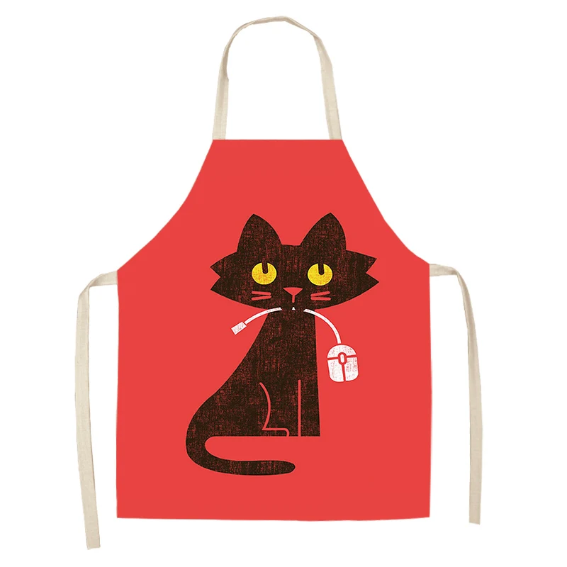 Chef Kitchen Apron for Woman Cute Cartoon Cat Printed Sleeveless Cotton Linen Aprons For Cooking Home Cleaning Tools