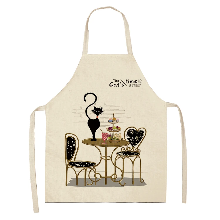 Black White Cat Letter Kitchen Aprons For Women Cotton Linen Bibs Household Cleaning Pinafore Home Cooking Apron 55x68cm