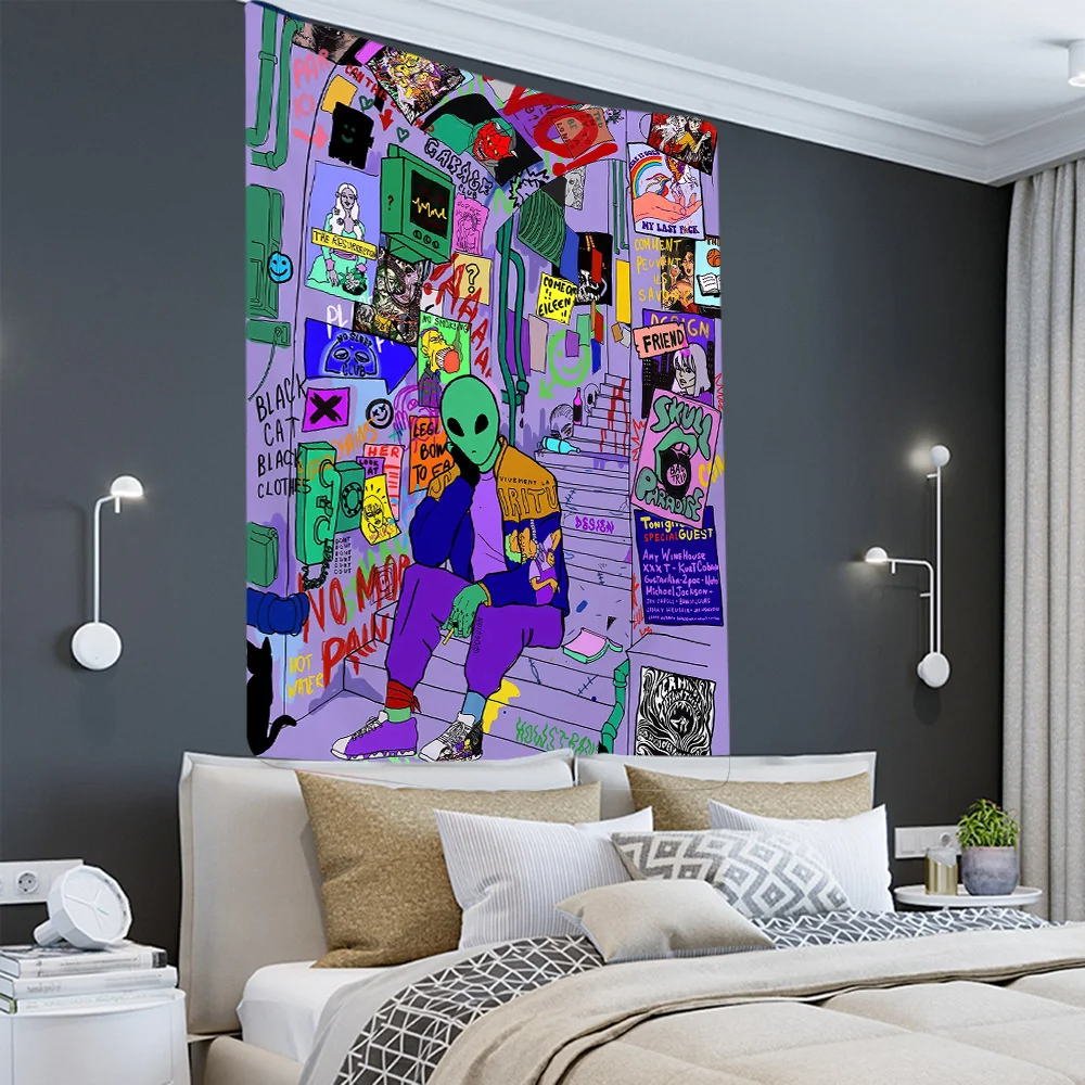Alien Black Tapestry Cartoon Illustration Hippie Art Mushroom Eye Wall Hanging Tapestries for Living Room Home Dorm Decor Cloth