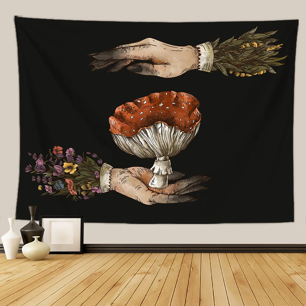 Botanical Print Floral Tapestry Wall Hanging Mushroom Tapestry Vintage Boho Wildflower Vegetable Tapestry Colorful Home Decor