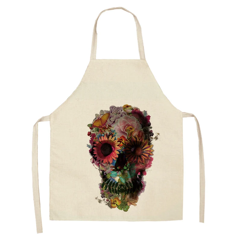 Skull Pattern Kitchen Apron for Cooking Sleeveless Cotton Linen Aprons Adult Bibs Home Cleaning Accessories