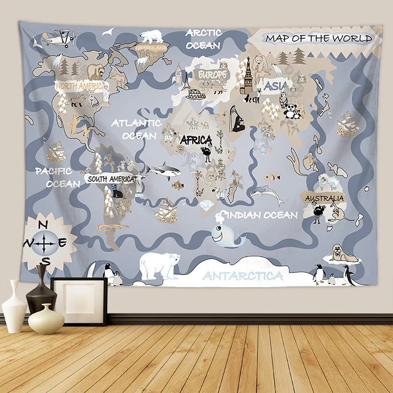Animals World Map Tapestry Wall Hanging Large Kids Educational Landmarks World Map Tapestry Kindergarten Children's Room Decor