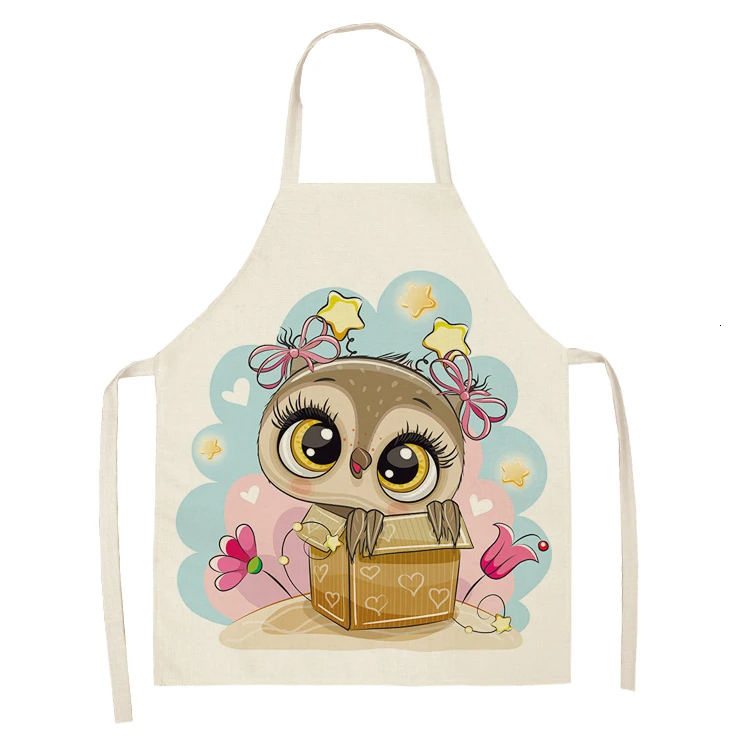 1Pcs Owl Sleeveless Chef Apron Cotton Linen Flower Printed Kitchen Brief Pinafore Women Home Cooking Baking Waist Bib