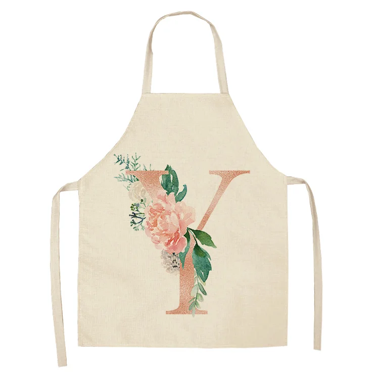 1Pcs Pink Letter Flower Kitchen Aprons for Women Cotton Linen Bibs Household Cleaning Pinafore Home Cooking Apron