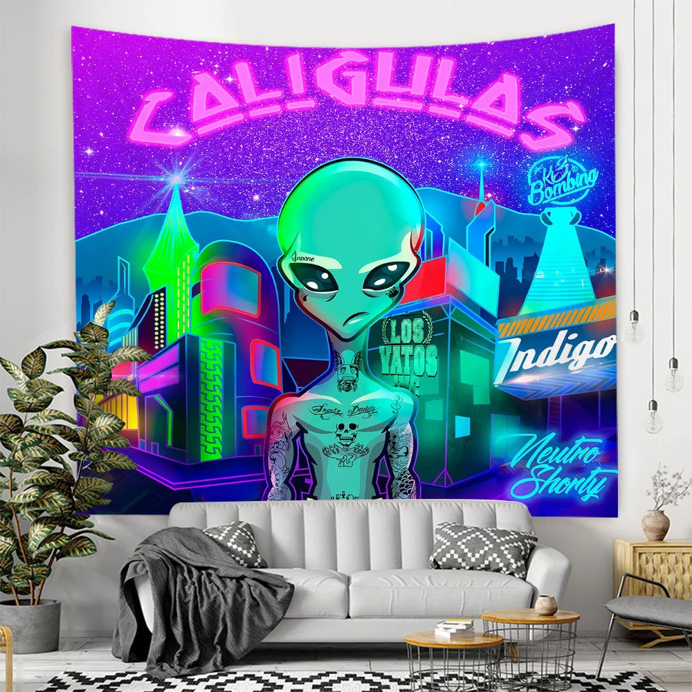 Alien Black Tapestry Cartoon Illustration Hippie Art Mushroom Eye Wall Hanging Tapestries for Living Room Home Dorm Decor Cloth