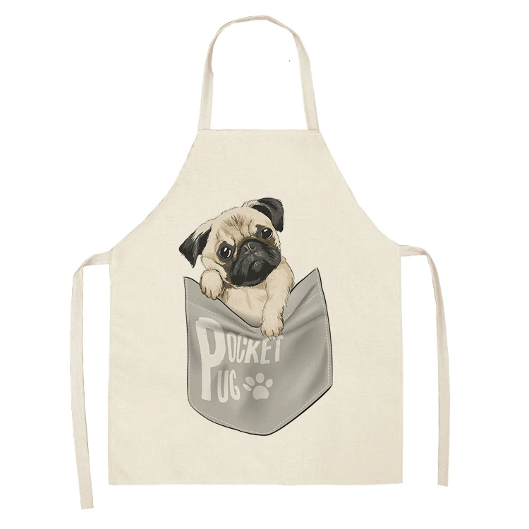 Cute Dog Pug Pattern Cotton Linen Sleeveless Chef Apron Kitchen Aprons Women Home Cooking Baking Waist Bib Pinafore