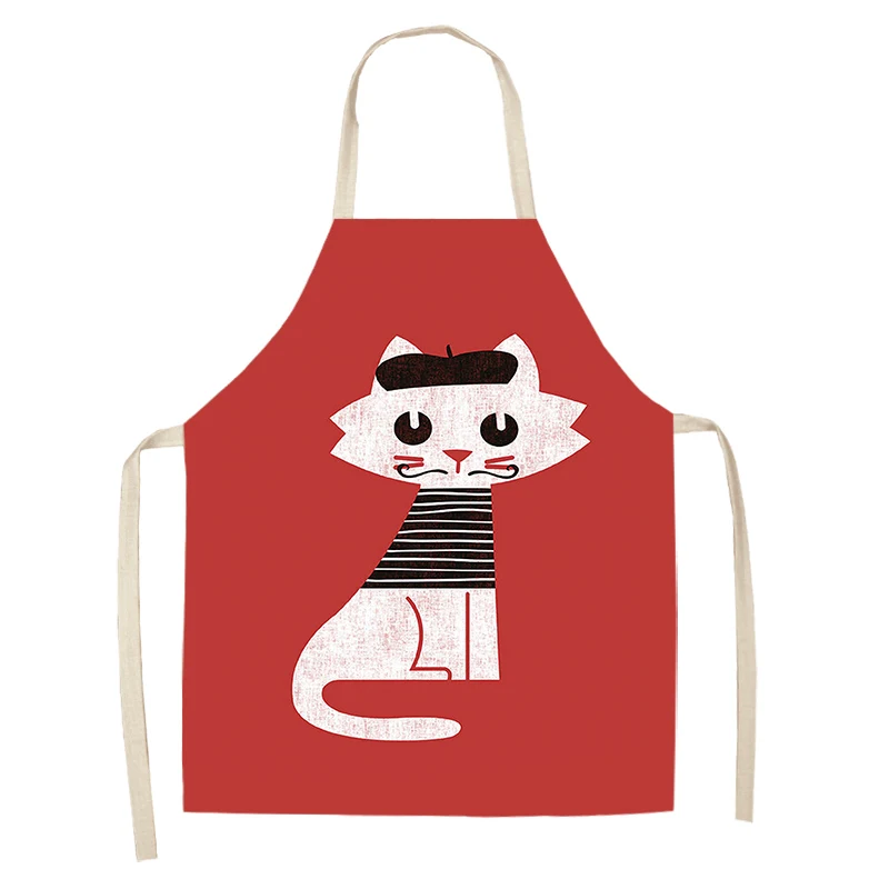 Chef Kitchen Apron for Woman Cute Cartoon Cat Printed Sleeveless Cotton Linen Aprons For Cooking Home Cleaning Tools
