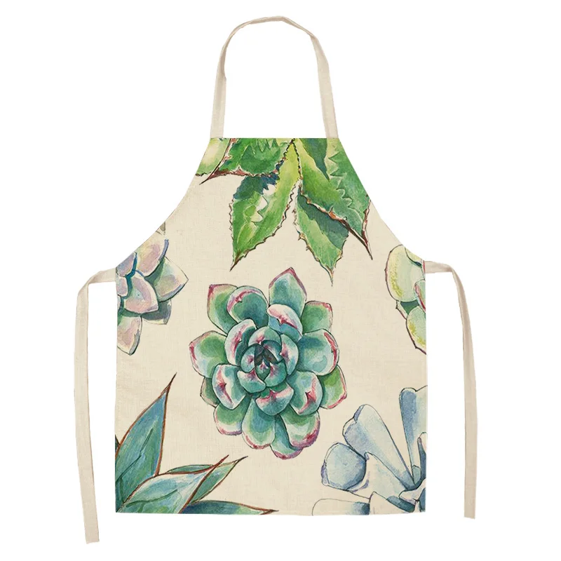 1Pc Succulent Plants Green Leaves Pattern Kitchen Chef Aprons Home Cooking Baking Shop Cotton Linen Cleaning Apron